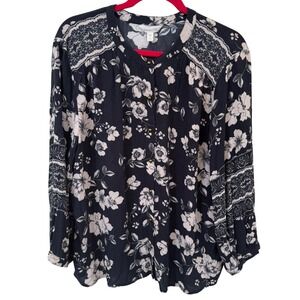 Garnet Hill Black Floral Button Blouse XL Tunic Ethereal‎ Boho Romantic Cottage